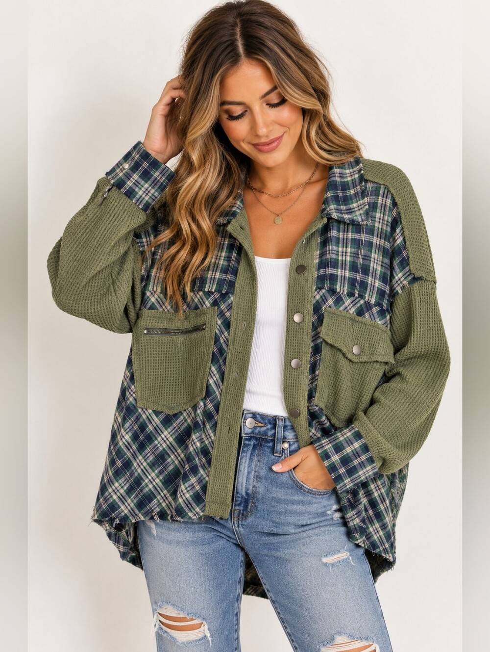 POL Plaid Waffle Knit Mixed Media Oversized Shacket Top Green Size S